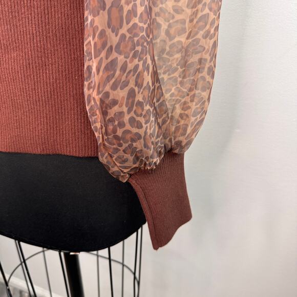 Anthropologie DOLAN Brown Sweater Leopard Sweetheart Sheer Puff Sleeve Large NEW - Picture 3 of 6